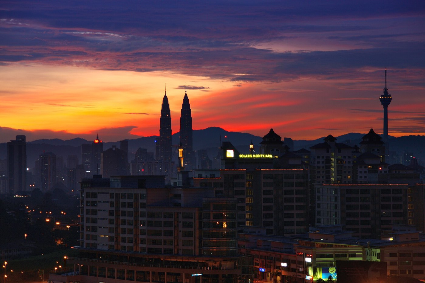 KL Tower and the Petronas Twin Towers in one skyline view