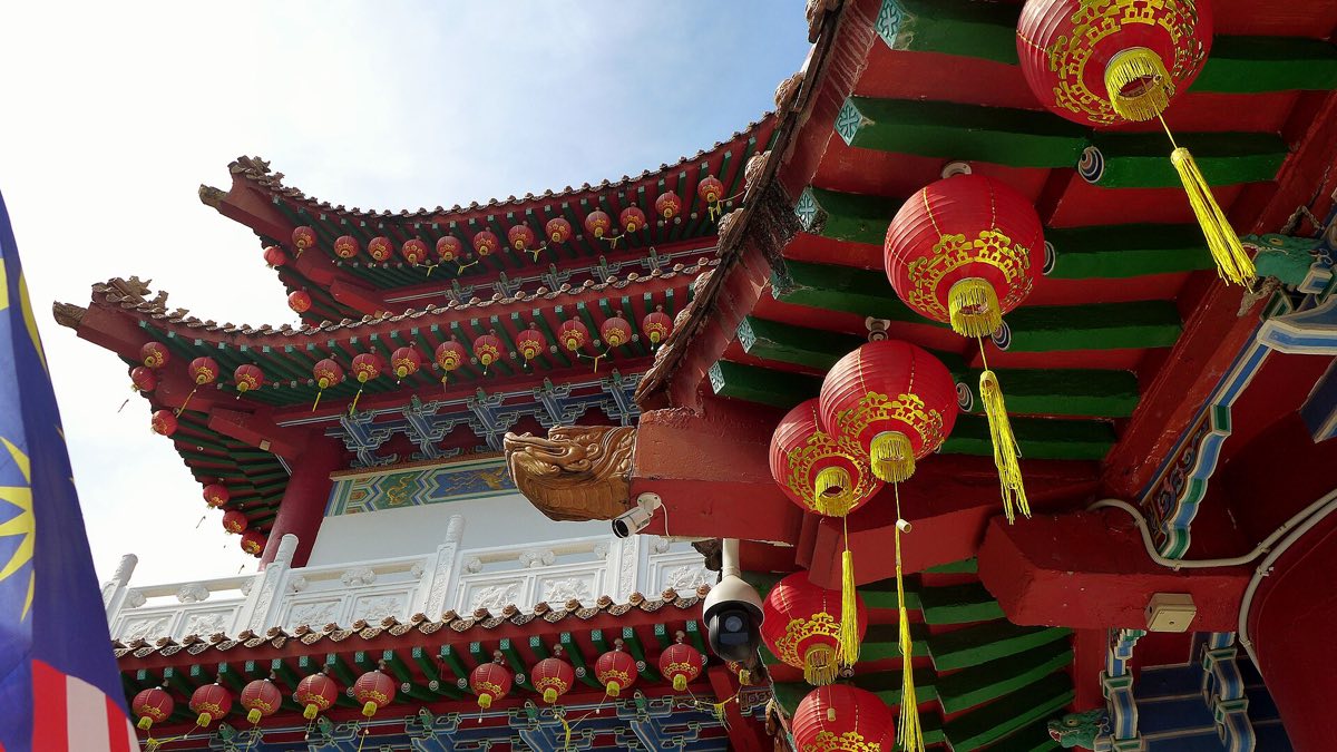 Red lanterns on the tiered roof of Thean Hou Temple, Kuala Lumpur